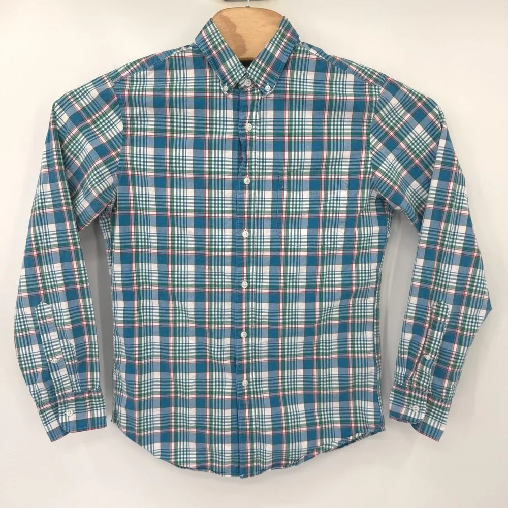 J.Crew Button Down Mens Small Blue Green Plaid Classic Fit Cotton Shirt Casual